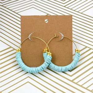 Gold earrings light blue clay beaded hoops